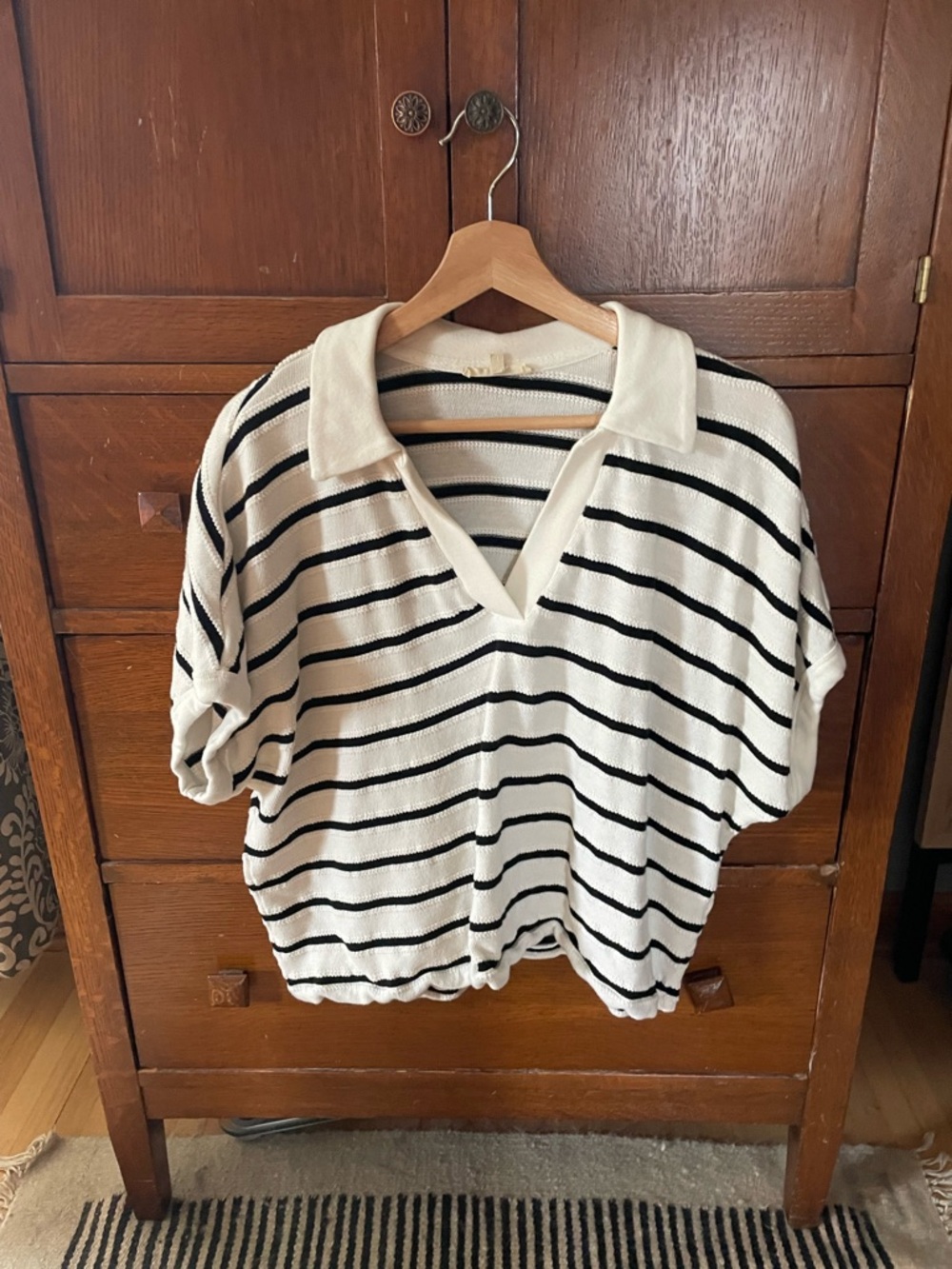 Madewell Cream and Black Striped Polo Sweater